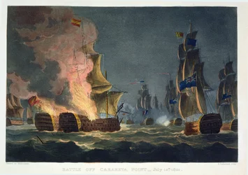 De slag bij Cabareta Point, 12 juli 1801, gegraveerd door Thomas Sutherland voor J. Jenkins